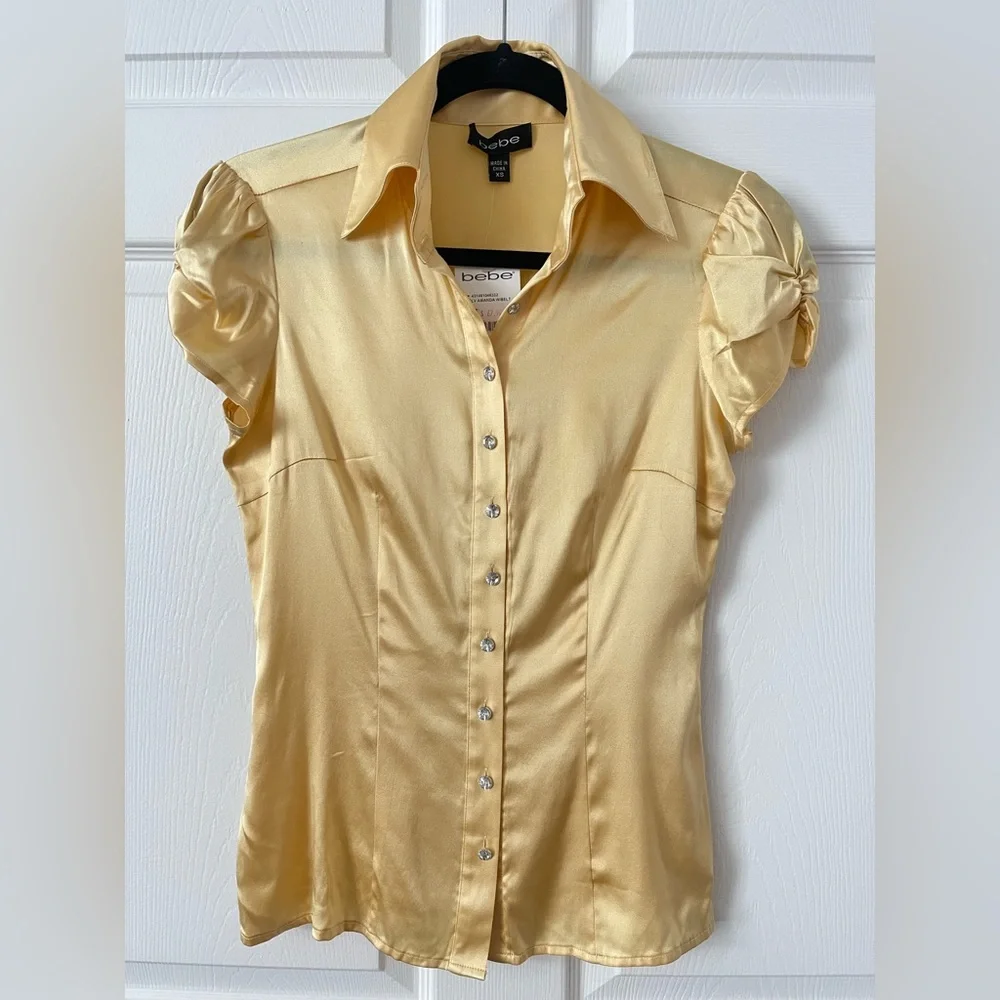 Bebe Women's Gold Button Down Shirt. 96% Silk! - Picture 1 of 7